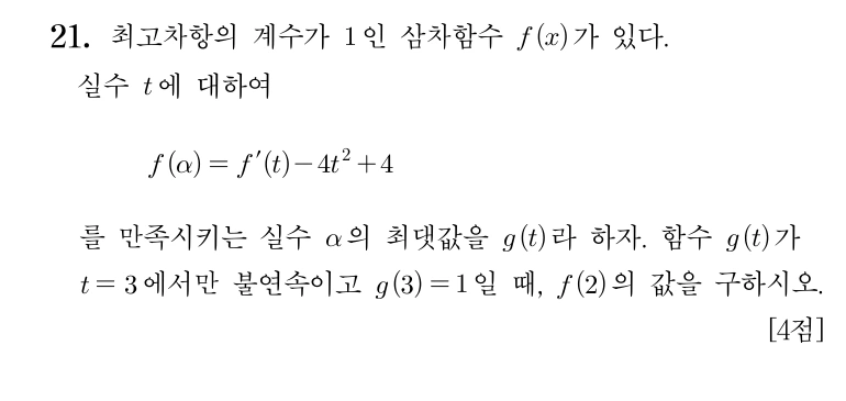 2027학년도 6월 모의고사 수학 공통 21번 문제. 최고차항 계수가 1인 삼차함수 f와 가장 큰 해 g(t)의 불연속 조건으로 f(2)를 구하는 문항.
