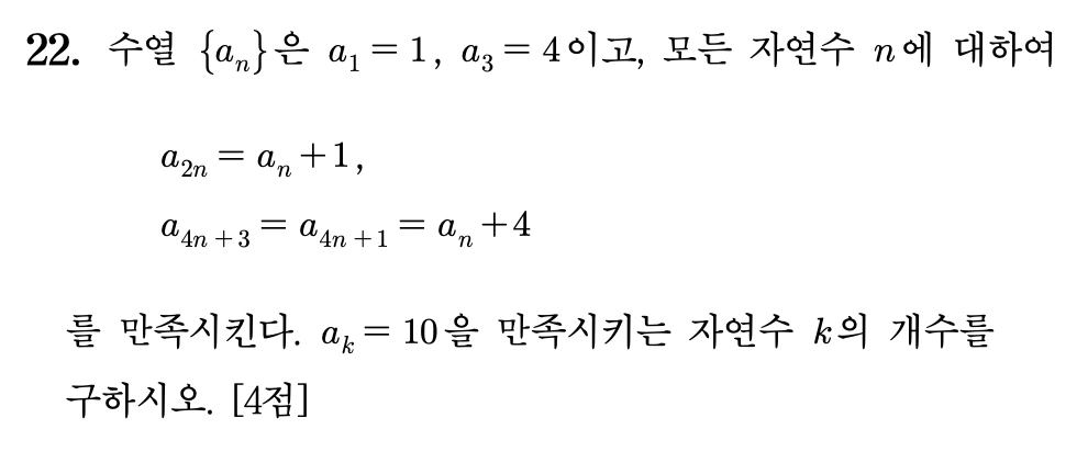 2027학년도 6월 모의고사 수학 공통 22번 문제. 귀납적으로 정의된 수열에서 a_k=10을 만족시키는 자연수 k의 개수를 구하는 문항.